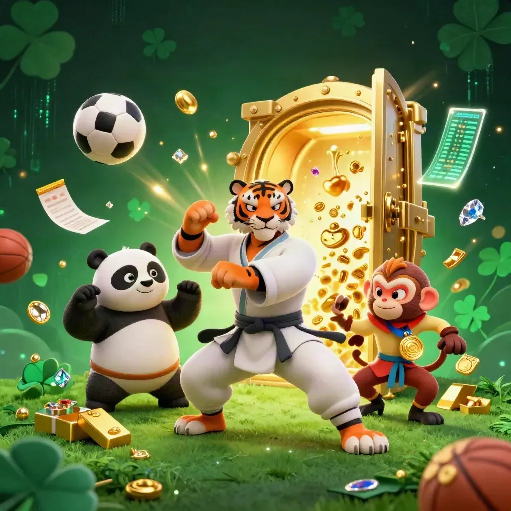 Tiger, Panda und Affe vor Gold, Fußball und Schatzkammertür im grünen Casino-Look.