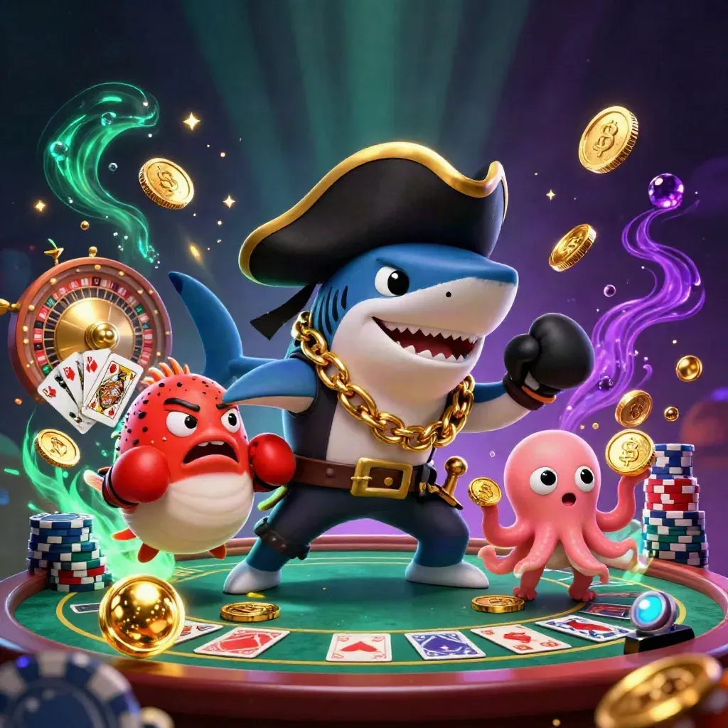 Piratenshark, wütender Kugelfisch und Baby-Oktopus mit Münzen in dunklem Casino-Look.