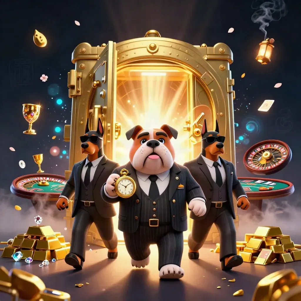 Bulldoggen-Mafioso mit Dobermännern vor Tresor, Gold und funkelnder Casino-Atmosphäre.