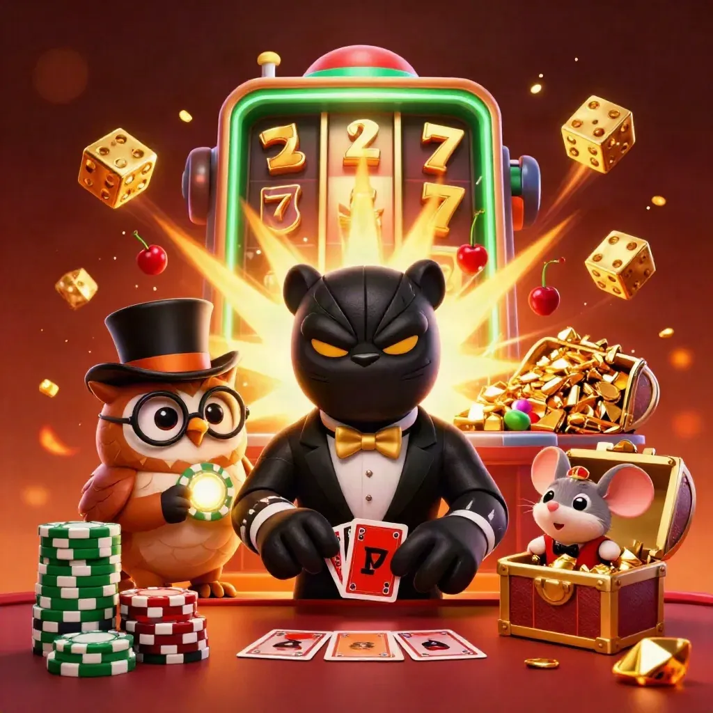 Panther, Eule und Maus vor explodierendem Spielautomaten, Gold und Smaragdgrün überall.