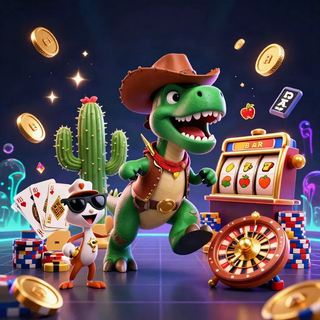 Cowboy-T-Rex, Kaktus und Roadrunner mitten im Casino-Action-Glanz mit Münzen und Neonlicht.