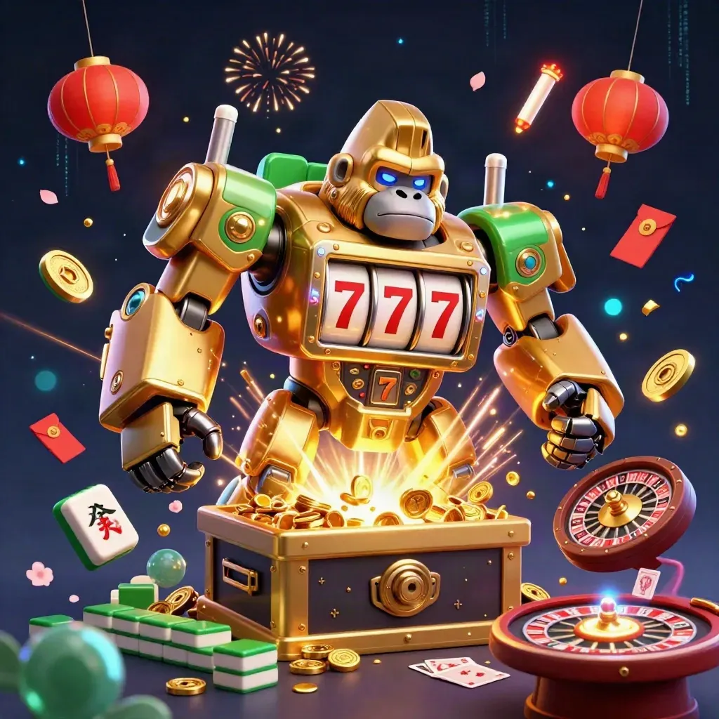 Goldener Gorilla-Mech mit Spielkarten, Münzen, Laternen und Feuerwerk vor dunklem Casinohimmel.