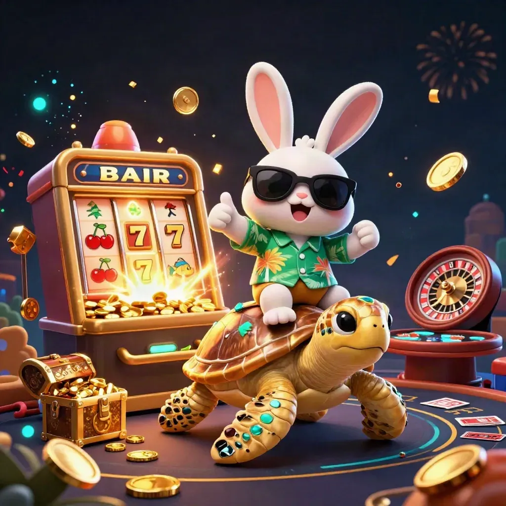 3D-Hase auf goldener Meeresschildkröte, Slot-Explosion, Gold, Konfetti und Neon-Party.