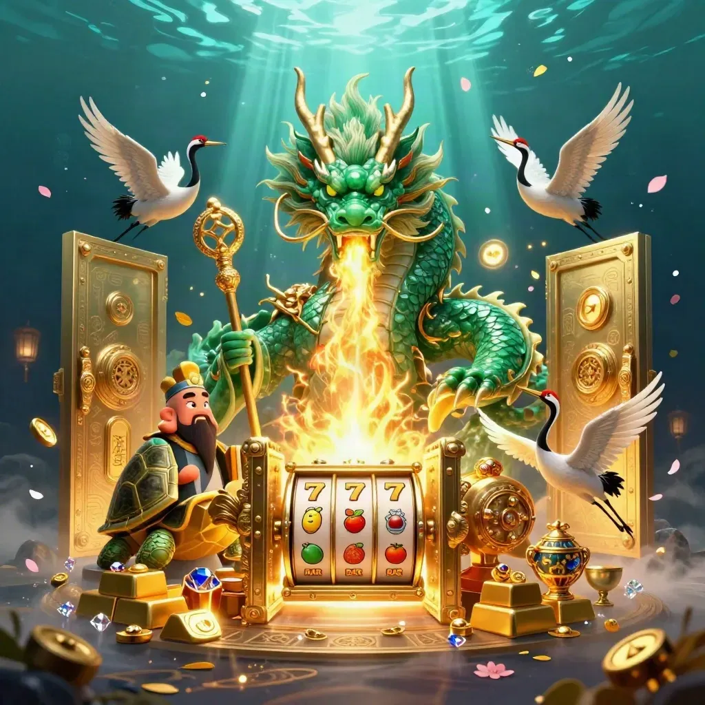 Jadegrüner Drache, Schildkrötenweise und Kraniche vor goldenem Tresor im Unterwasserlicht