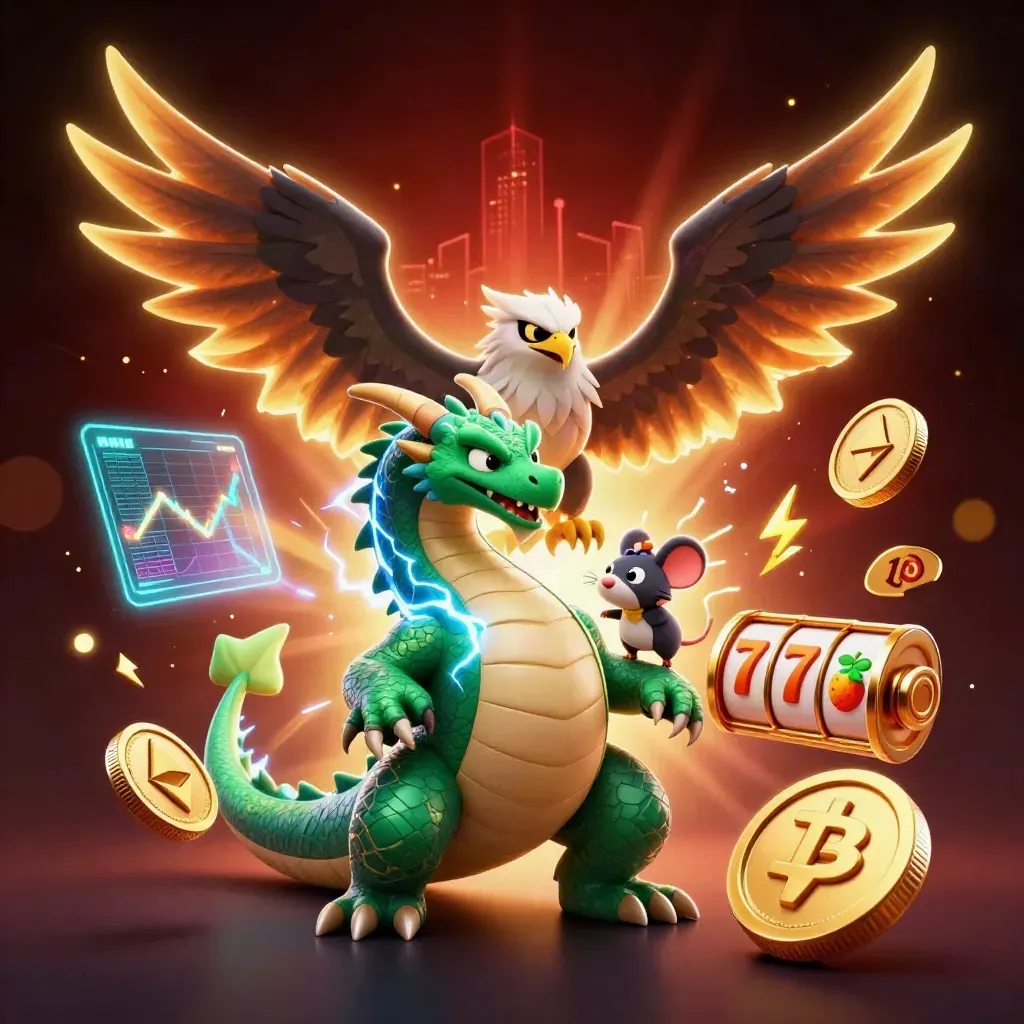 Donnerdrache, Windfalke und Maus im Neon-Casino mit Coins und Blitzen.