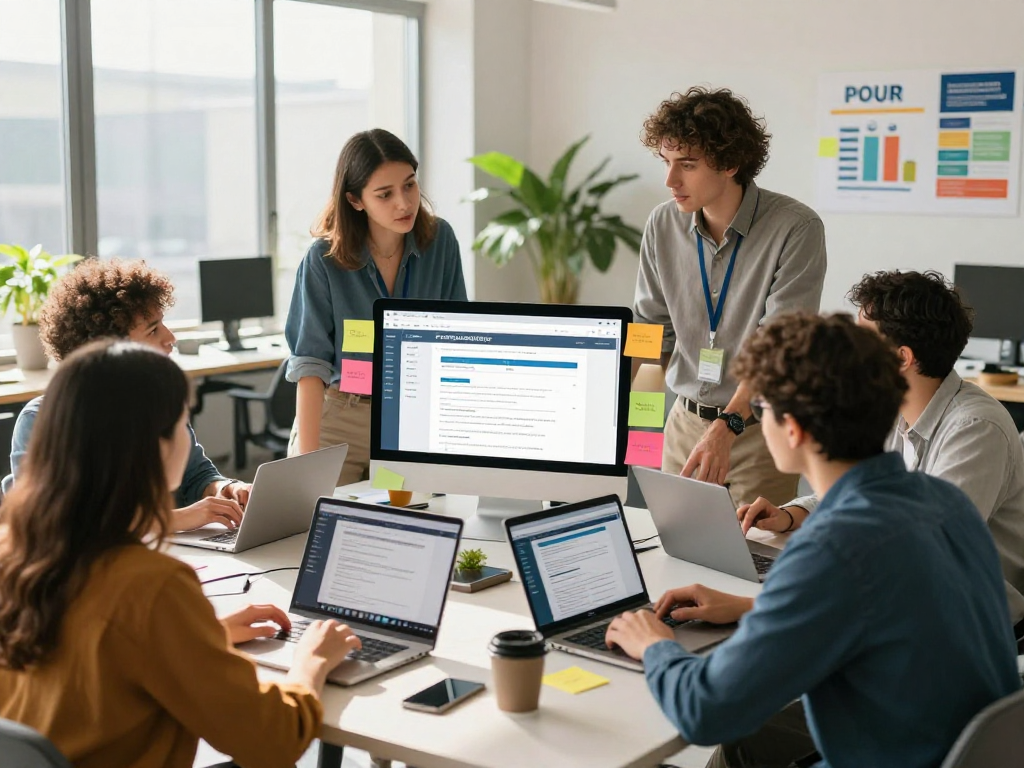 Team collaborating on barrierefreie und rechtssichere Webseiten Dienstleistung in a modern office setting, showcasing teamwork and digital tools.